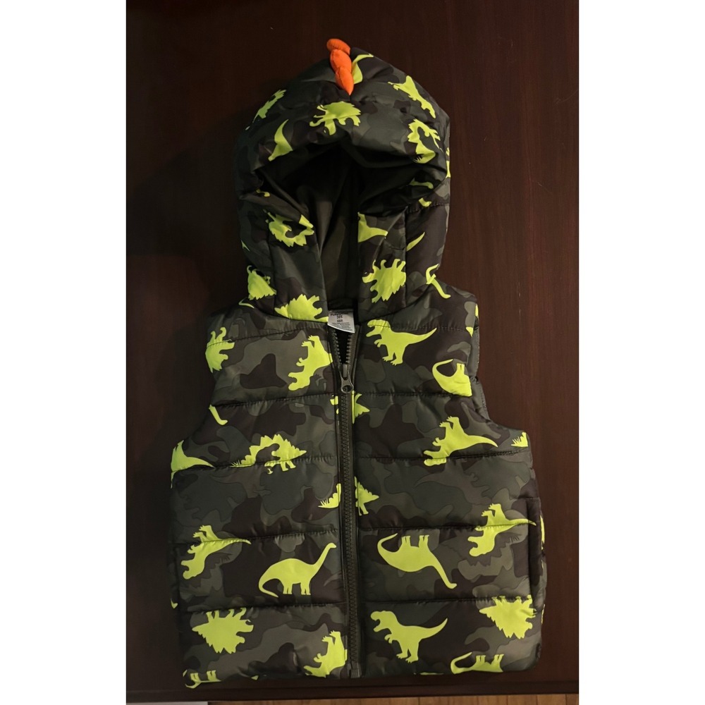 Member's Mark 18 Mos Boys Puffer Vest Dinosaur Hooded Green Orange Pocket Zip